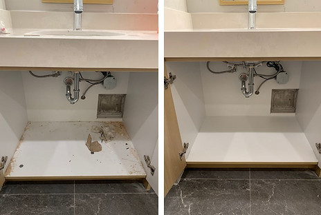Bathroom sink cupboard/cabinet before and after post renovation cleaning