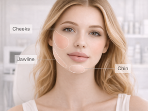 Facial balancing dermal filler areas including cheeks chin jawline and lips