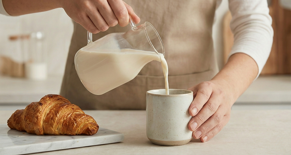 Pouring dairy-free plant-based milk into a mug next to a croissant, representing Fooditive’s sustainable food innovation and clean-label alternatives