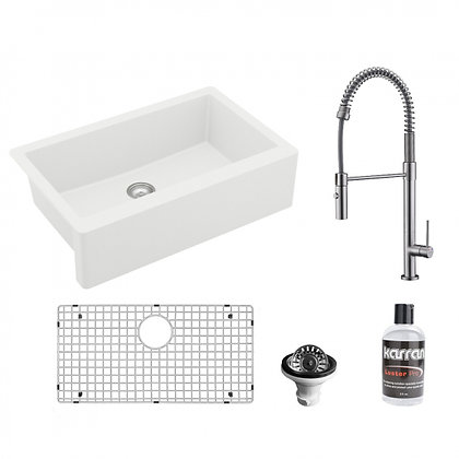 Karran Apron-Front Quartz 34" White Single Bowl Kitchen Sink with Kitchen Faucet