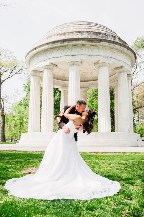 Couple kissing on their wedding day