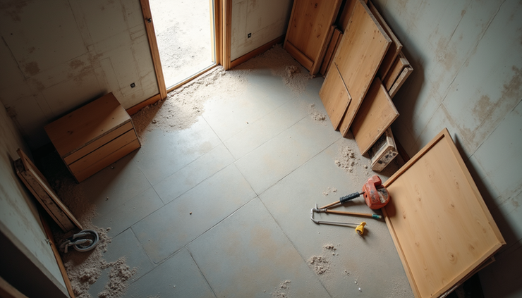 High angle view of a UK home refurbishment site showing construction materials and tools