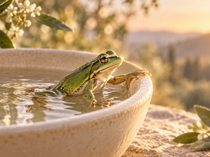 Grenouille consciente au bord de l’eau, symbole du changement progressif