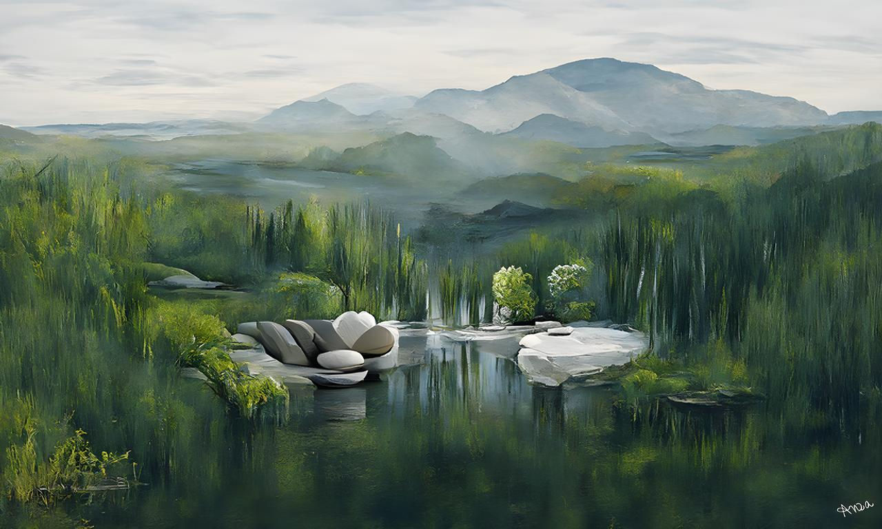 Anza Melancholic #915 - A landscape with mountains and a lake