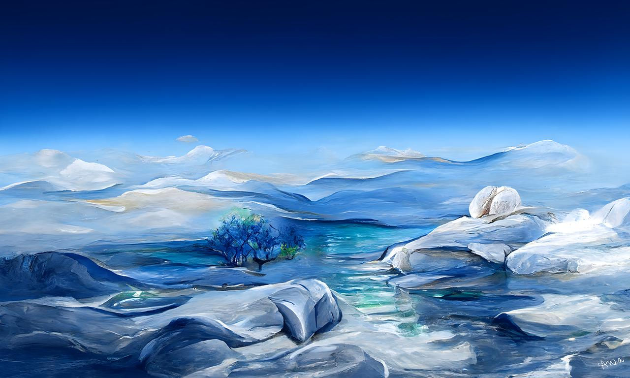 Anza Melancholic #951 - A snowy landscape with a blue tree