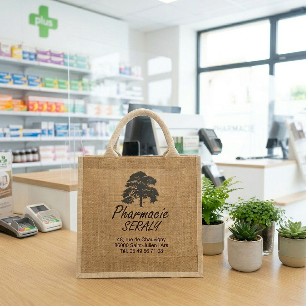 Cabas jute personnalisé Simon et Cie pour pharmacie avec anses coton tressé