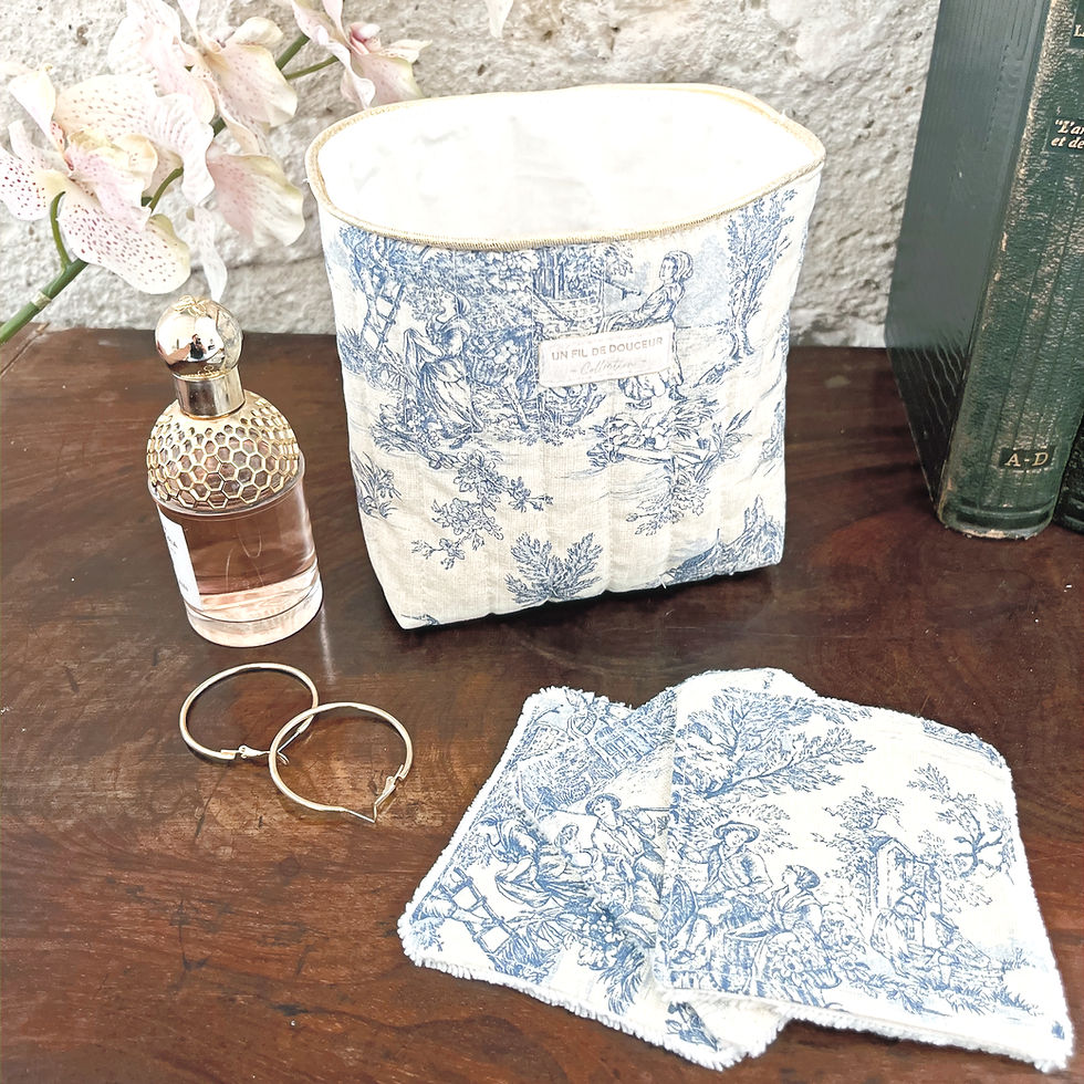 panier de rangement en toile de jouy bleue