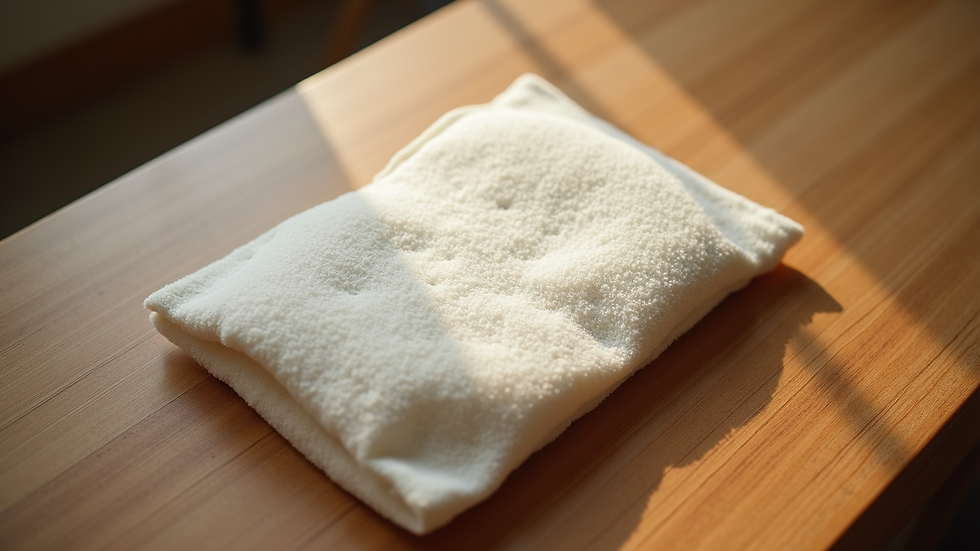High angle view of a warm compress placed on a wooden table