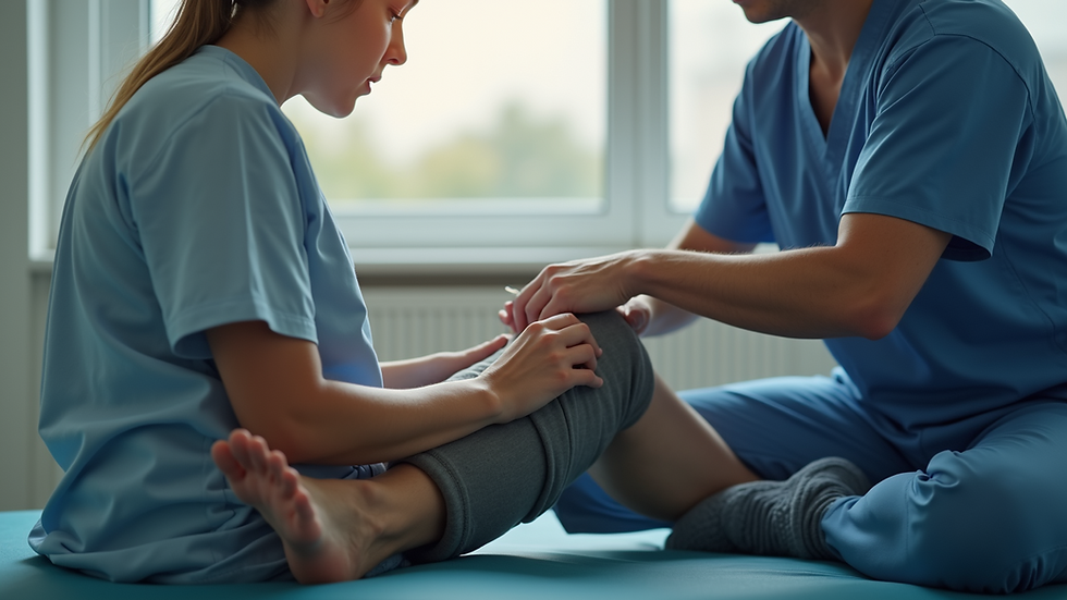 Close-up view of a physical therapist adjusting a patient’s knee brace
