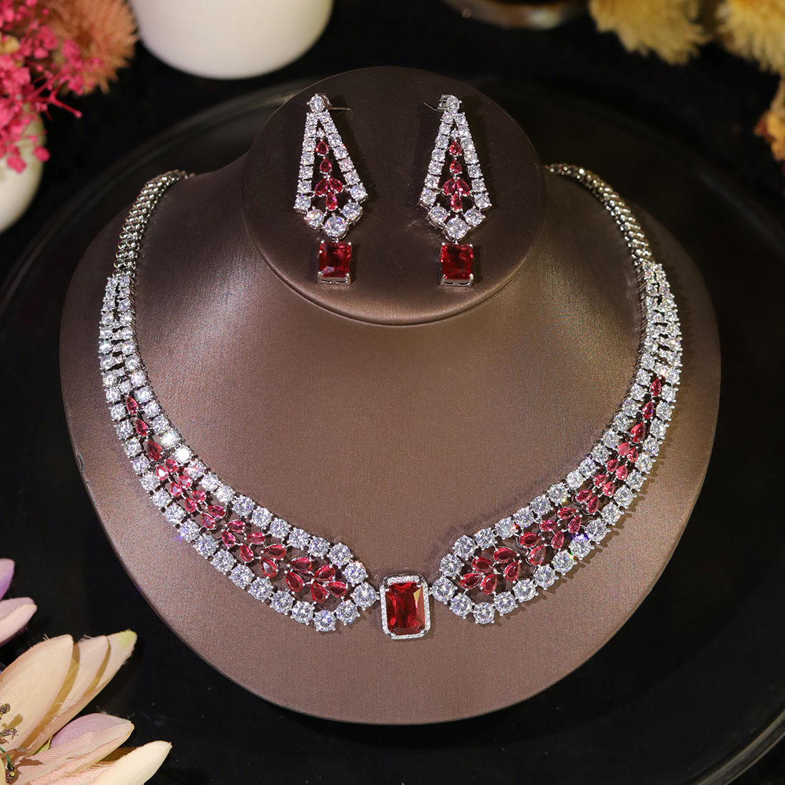 Fashion Wedding Jewelry Sets Shiny Red and white inlaid CZ Crystal Necklace and