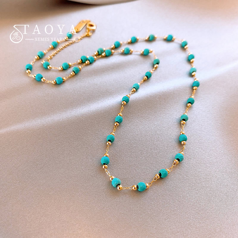 Retro Green Bead Gold Colour Chain Collarbone Chain 2025 New Fashion Design Jewe