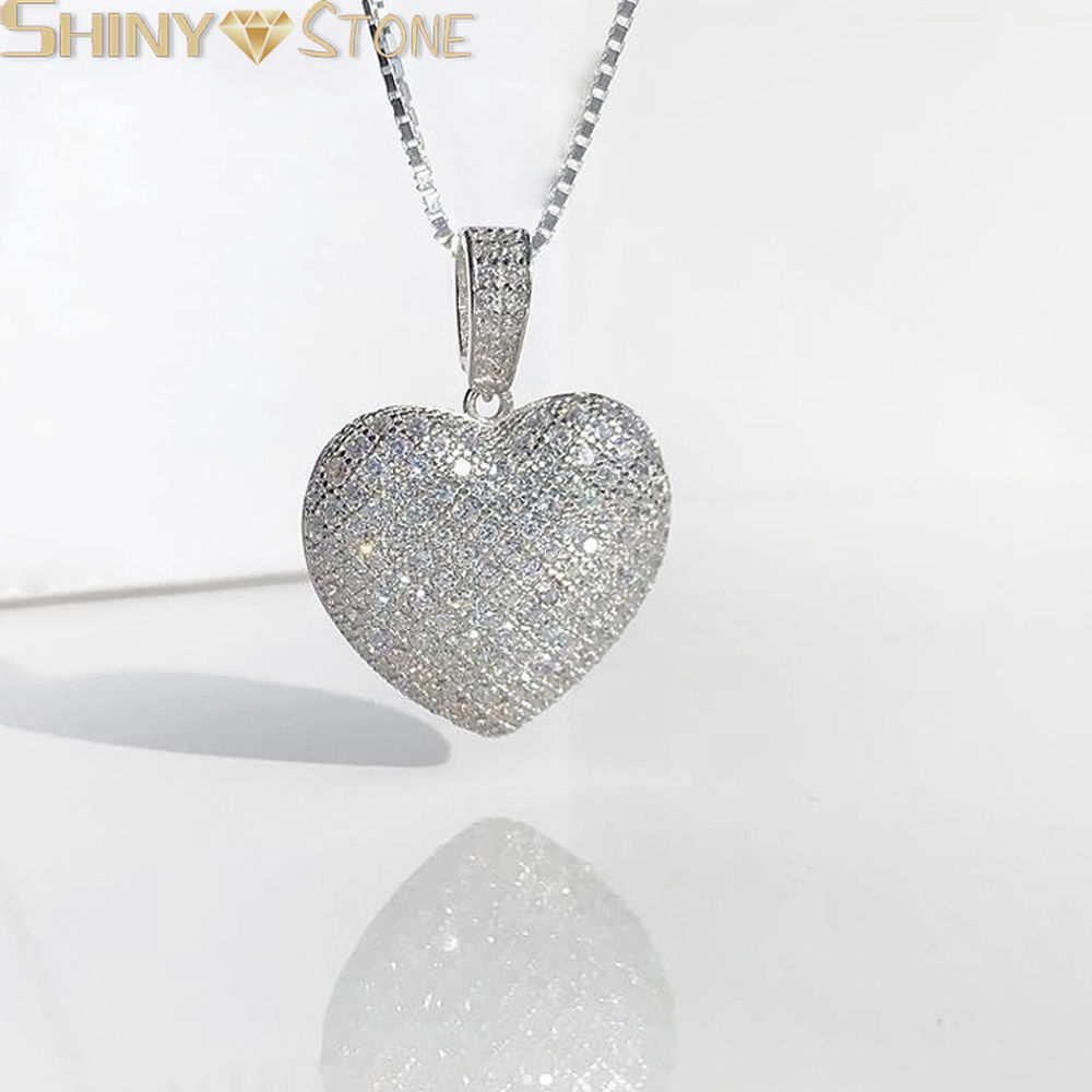 Sparking Bling 5A Crystal Paved Heart Charm Pendant Hip Hop Love Necklace for Wo