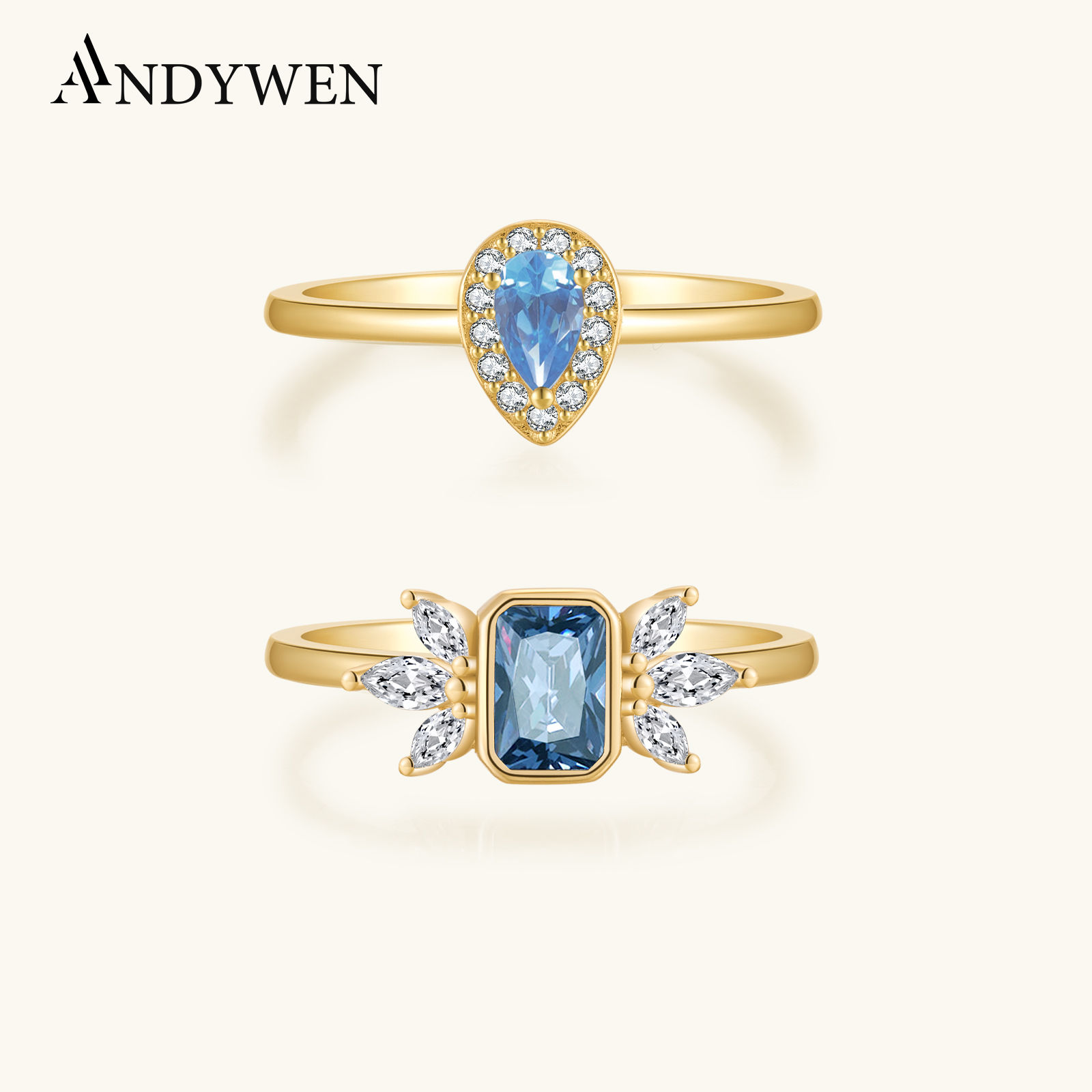 ANDYWEN 925 Sterling Silver Gold Blue Ovals Eye Ring Crystal Luxury Wing Love Ri