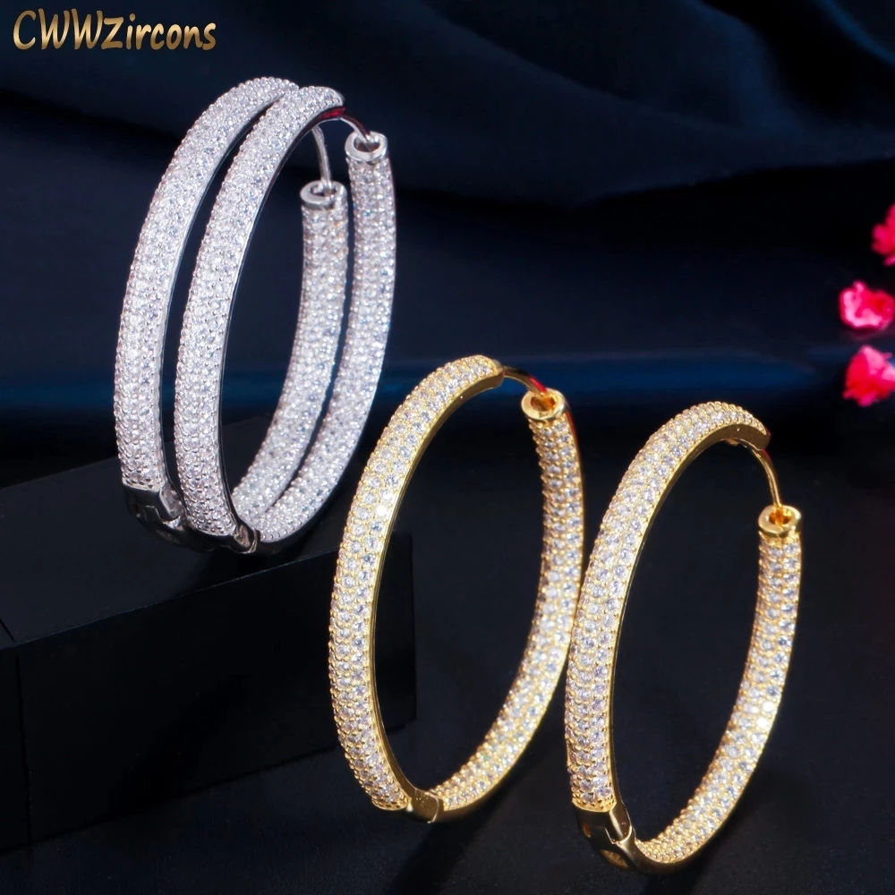 CWWZircons Stunning Double Sided Cubic Zirconia Big Circle Round Hoop Earrings f