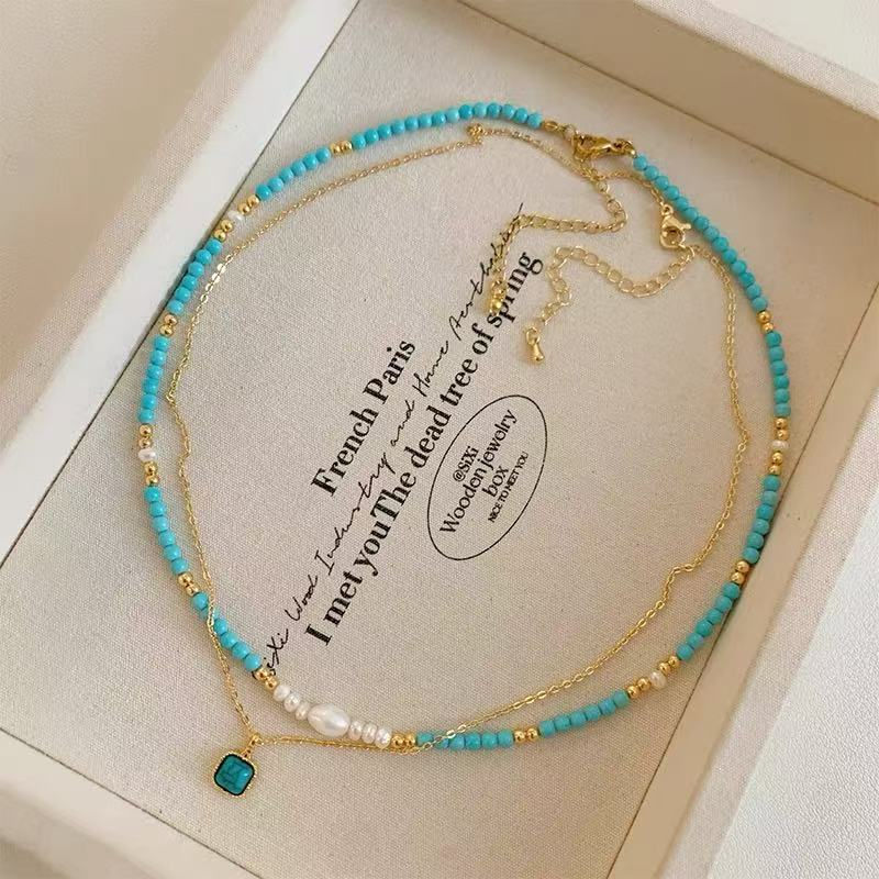 Miniatura: Elegant Double-layer Layered Imitation Turquoise Natural Pearl Beads Necklace Tr