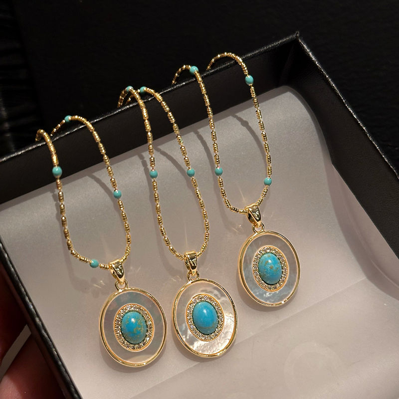 Miniatura: Natural Turquoise Oval Shell Pendant Gold Color Chain Necklace Sexy Collarbone C