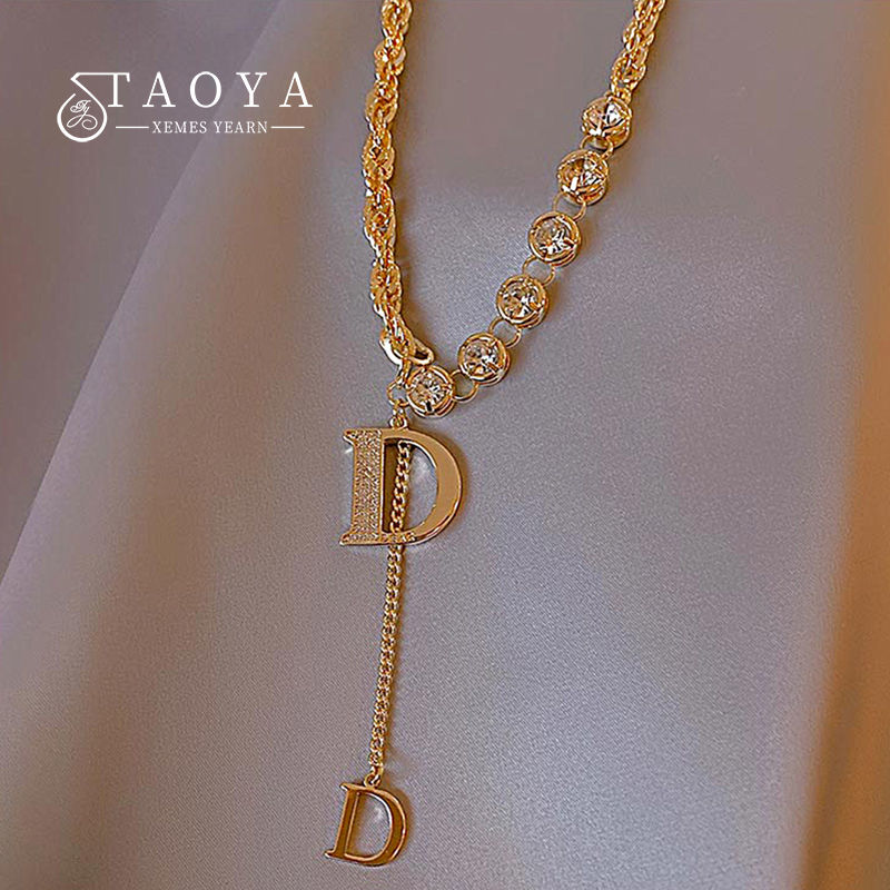 Korean classic D Letter Pendant Gold Color Plated Necklace Fashion Sweater Chain