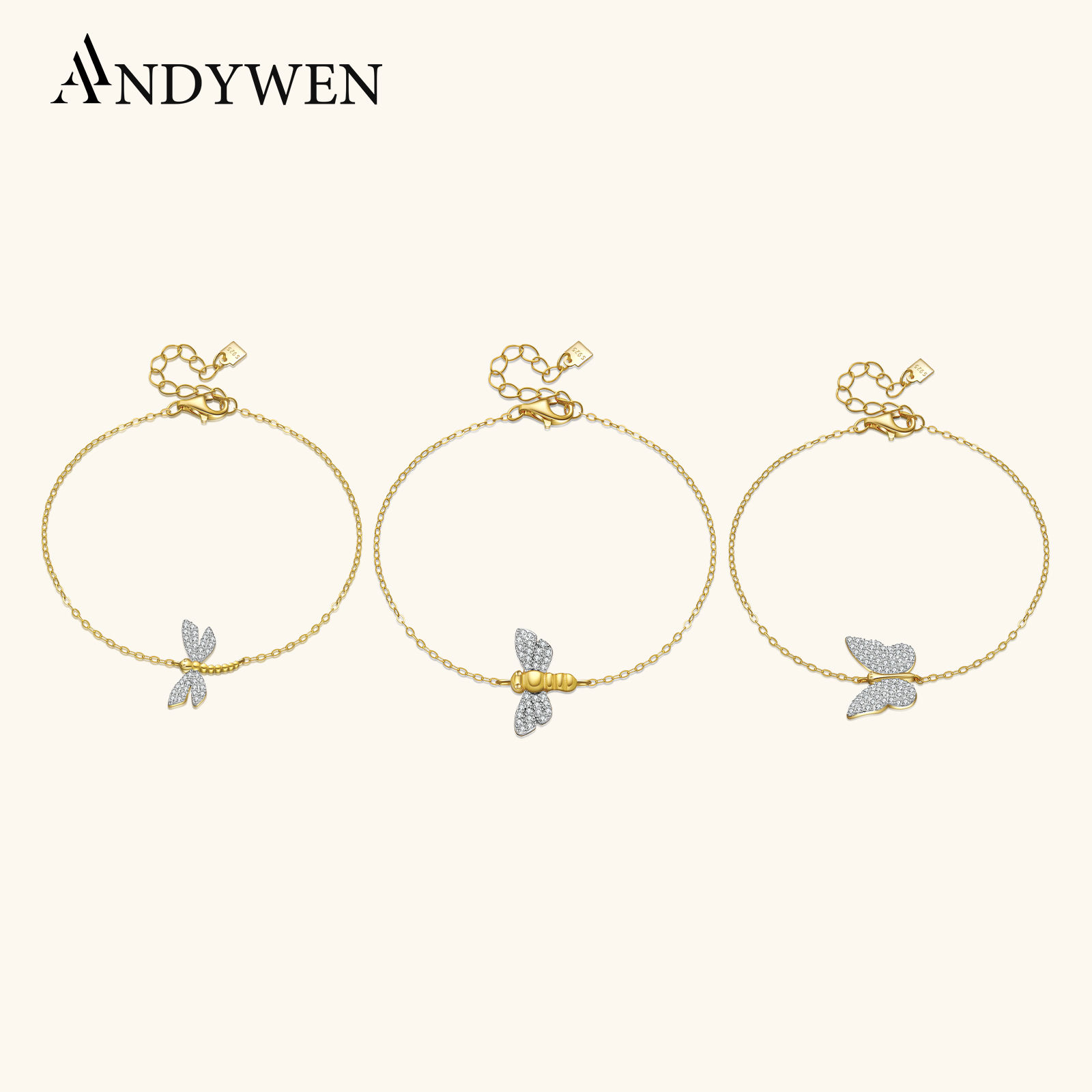 ANDYWEN 925 Sterling Silver Gold Split Plating Dragonfly Bee Butterfly Chain Bra