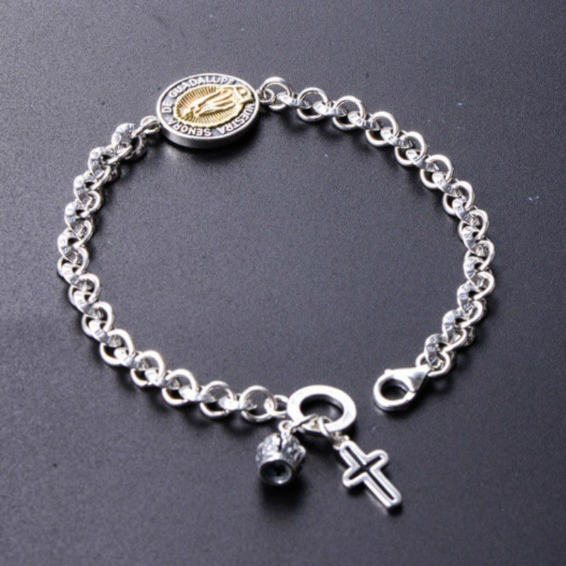 Thumbnail: 925 Sterling Silver Virgin Mary Link Chain Couple Bracelet Christian Jewelry Wit