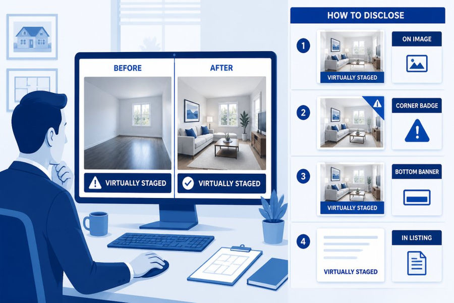 Real estate agent reviewing property listing on computer screen showing before-and-after virtually staged room images side by side with clear disclosure labels visible