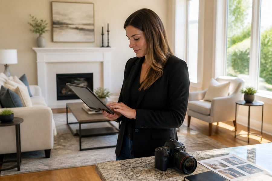 A real estate agent reviewing a tablet showing a pricing breakdown of photography packages while standing in a sunlit, staged living room