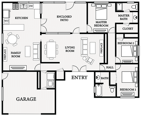 A floor plan for a three-bedroom Temporary VIP housing home.