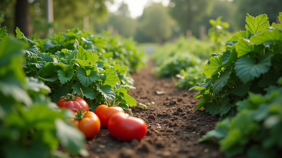 Eye-level view of a lush garden with vegetables and herbs