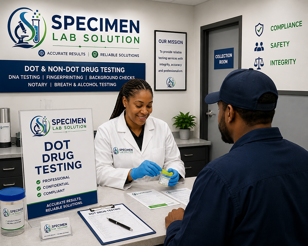 Specimen Lab Solution DOT drug testing clinic with collector in lab coat and driver at counter