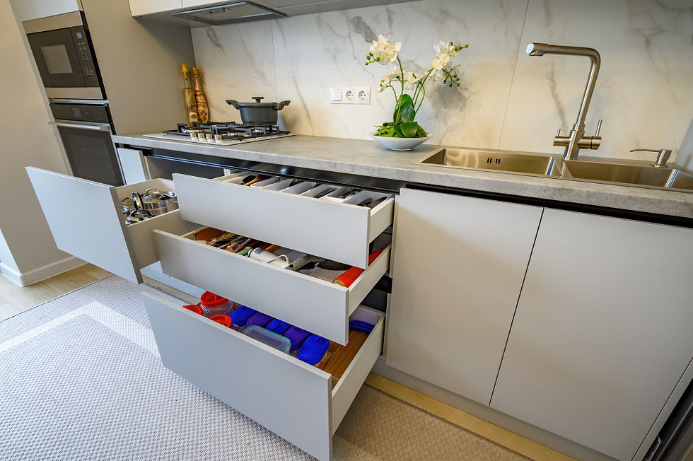 A modular kitchen featuring a sink, refrigerator, and drawer, showcasing modern interior design elements.
