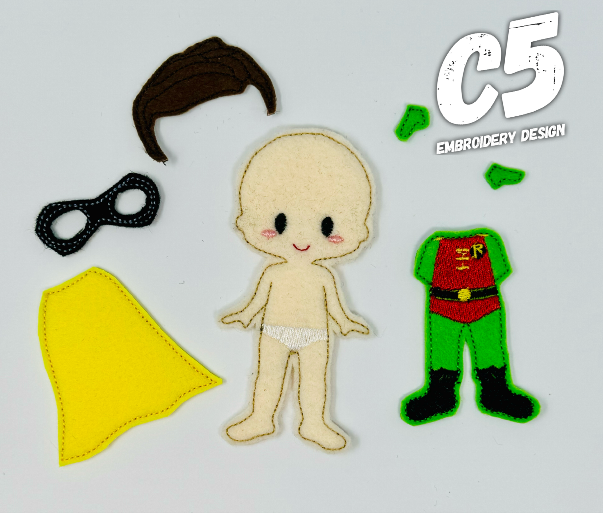 5X7 HOOP ONLY - 5X7 Felt Dress Up Doll - Robin Super Hero