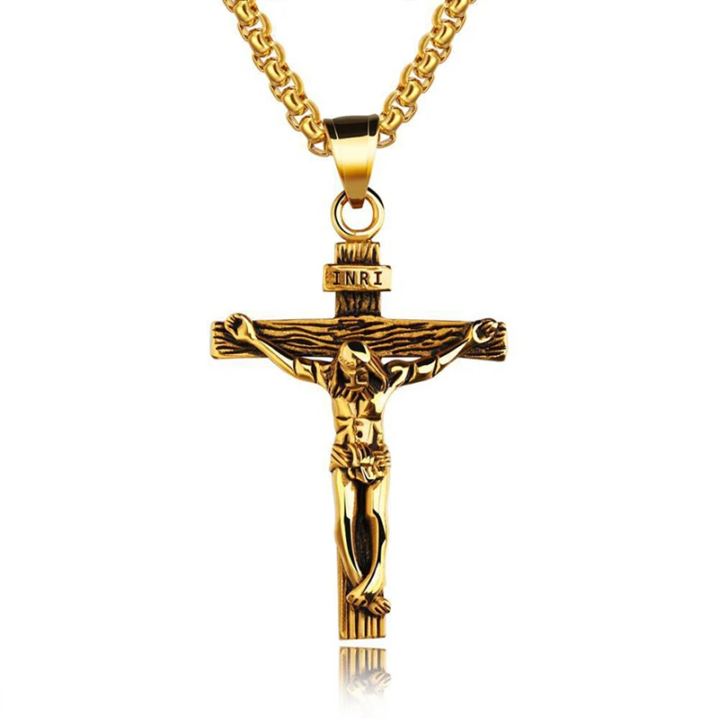 Colar Religioso com Cruz de Jesus Masculino (Aço Inoxidável – Dourado/Prata)