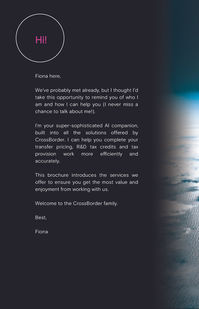 Interior brochure page introducing the AI assistant Fiona, with white body text on a dark background and a circular graphic highlighting the greeting.