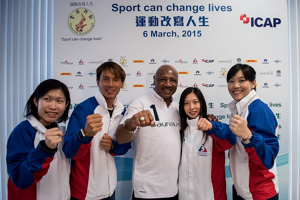 Laureus Acdemy member and former world champion Marvelous Marvin Hagler and Hong Kong Secretary for Home affairs Mr Tsang Tak-sing.