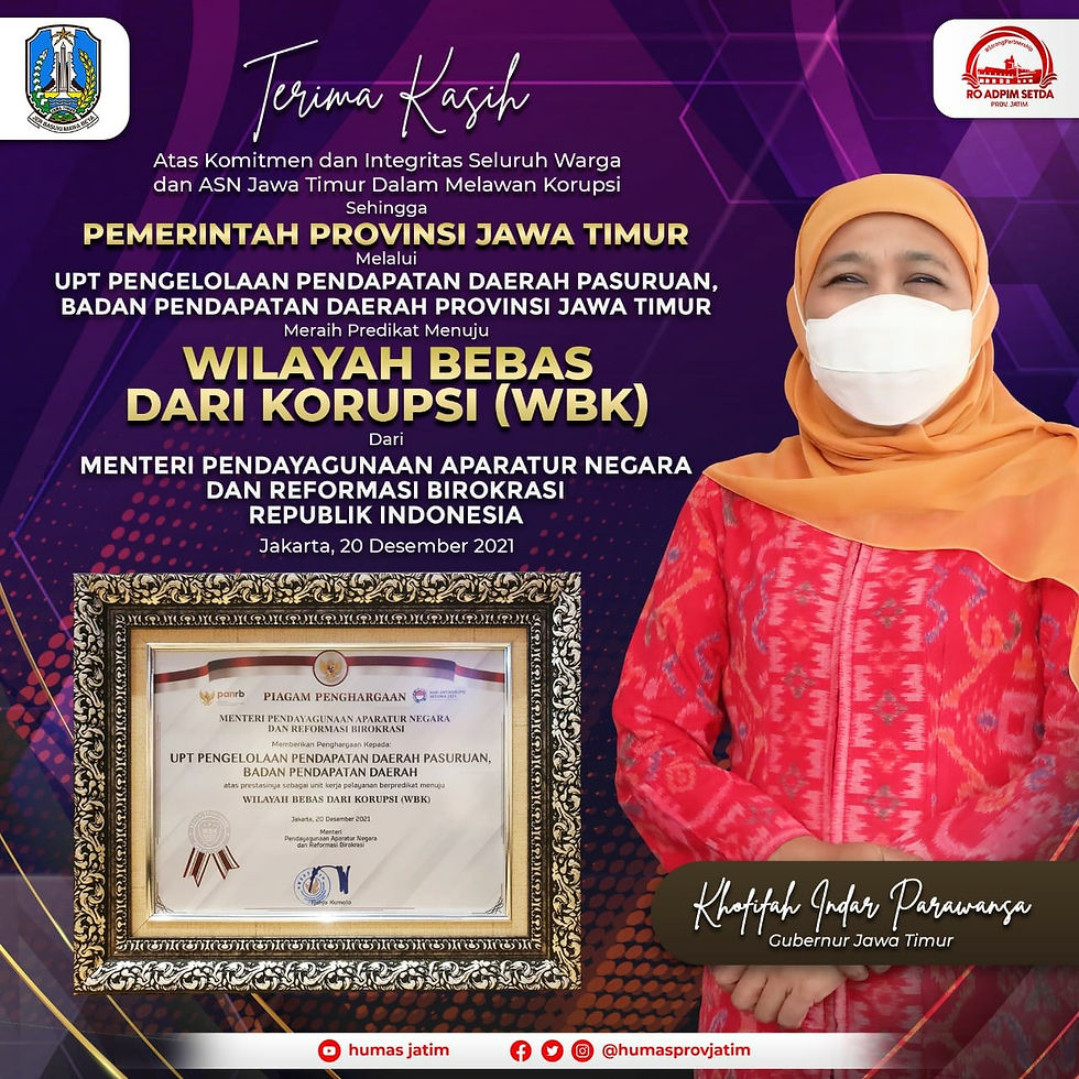 Kementerian Pendayagunaan Aparatur Negara dan Reformasi Birokrasi (PAN-RB) kembali memberikan predikat zona integritas Wilayah Bebas dari Korupsi untuk instansi SAMSAT Jatim.