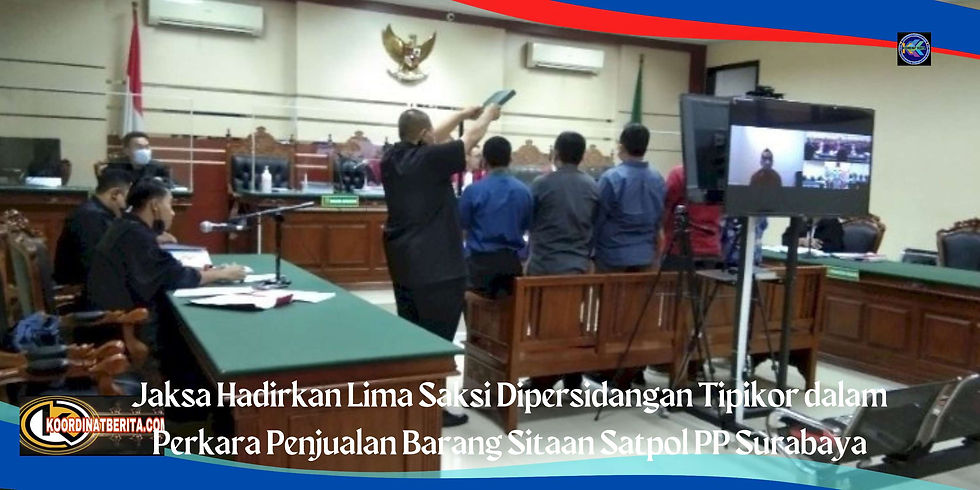 Kali ini saksi yang dihadirkan oleh Jaksa Penuntut Umum (JPU) Kejari Surabaya sebanyak 5 orang. Mereka diantaranya Mudita Dhira Widaksa, Kukuh Satriyo, Dina Agustine Pratama, Hajar Sulistyono dan Supriyanto.