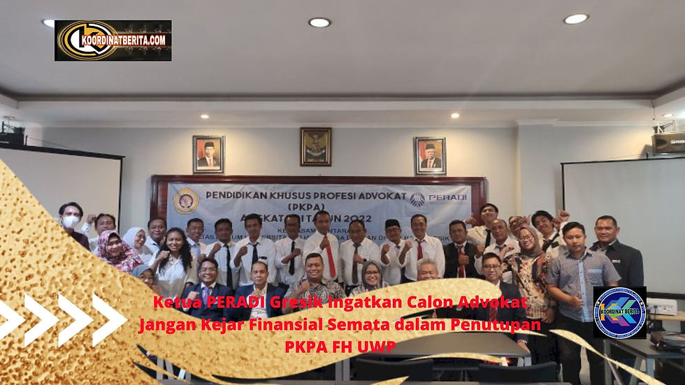 "Advokat harus menjunjung tinggi harkat dan martabat profesinya. Hargai kode etik dan jangan mengejar materi semata," kata Kukuh kepada peserta PKPA FH UWP Surabaya sambil menekankan pentingnya bersatu di bawah naungan satu organisasi advokat, yakni PERADI.