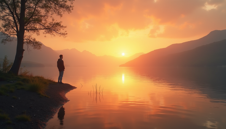 Eye-level view of a sunrise over a calm lake with a single person standing on the shore