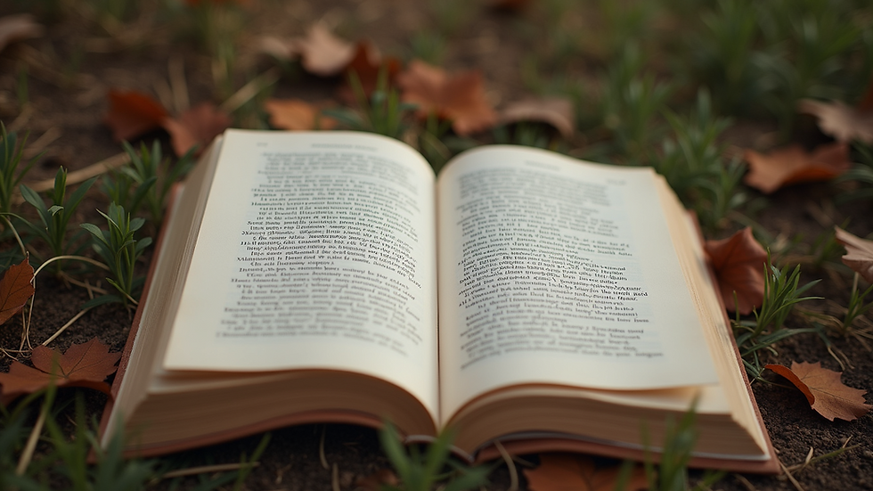 High angle view of an open poetry book surrounded by natural elements