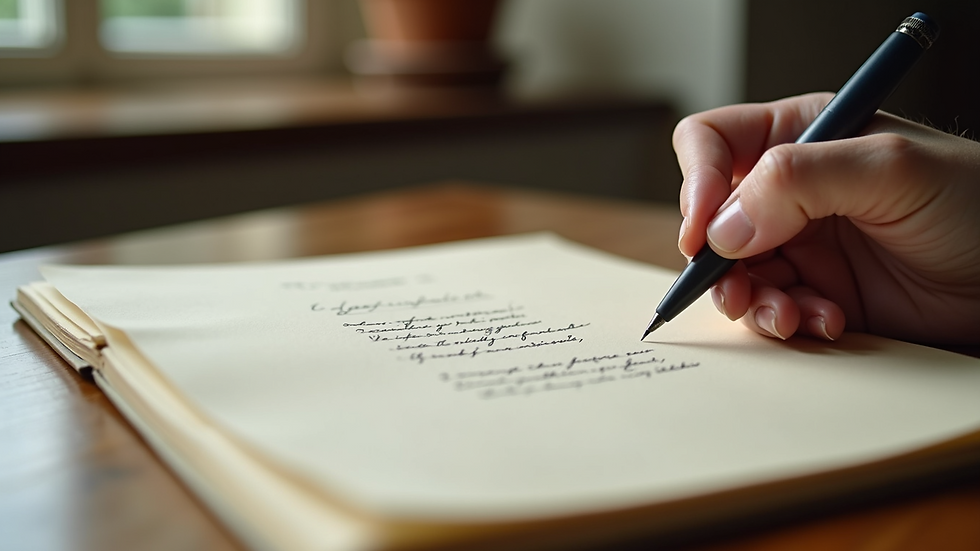 Close-up view of a handwritten poem on a simple wooden table