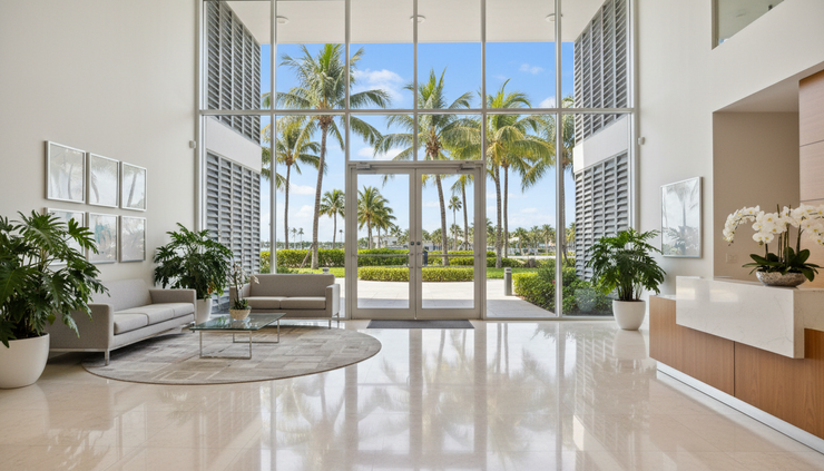 Eye-level view of a condominium lobby with storm shutters visible through glass doors.