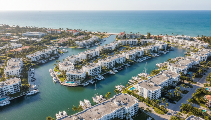 Aerial view of a South Florida marina community with condos, canals, and docked boats