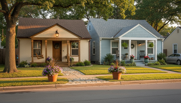 Eye-level view of two neighboring front porches with flowers and a shared walkway