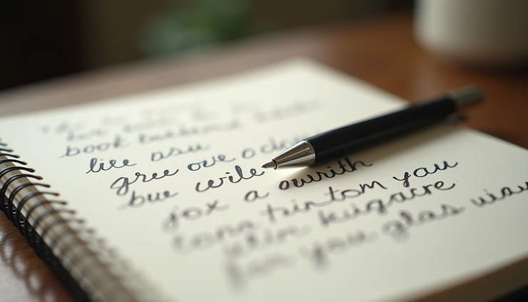 Close-up view of a handwritten notebook with eulogy notes and a pen