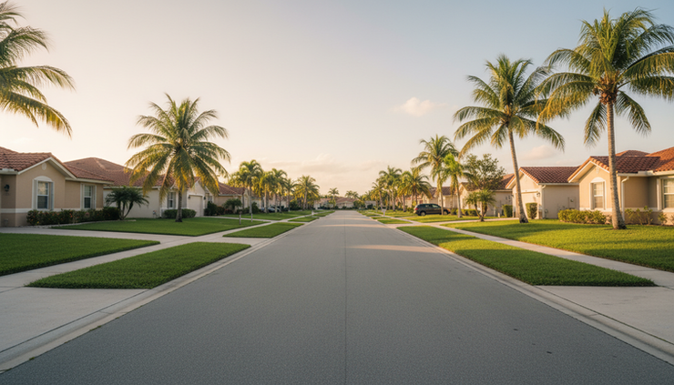 Wide-angle view of a quiet South Florida street with smaller homes, palms, and a clear sidewalk