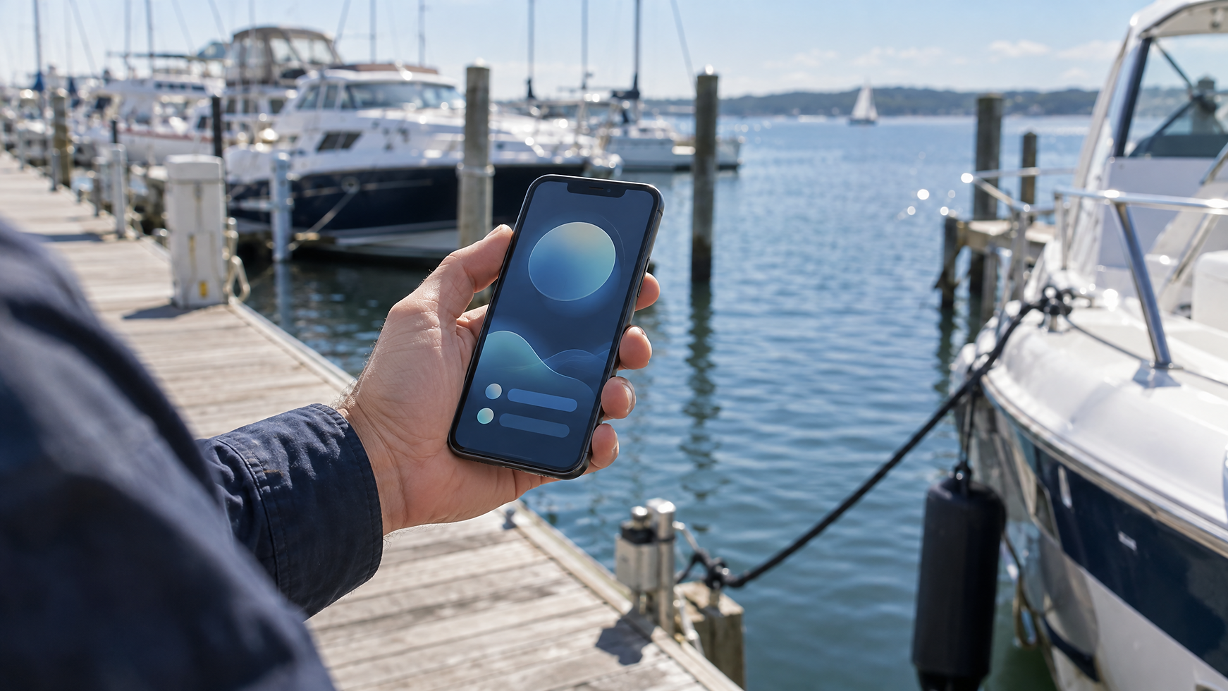 Person holding a phone on a marina dock beside moored boats