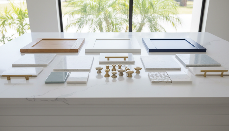 Close-up view of a kitchen island with finish samples and cabinet hardware in a new home.