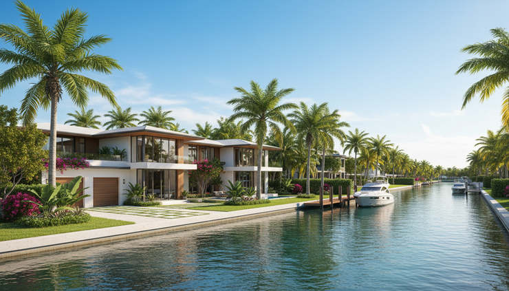 Wide-angle view of a South Florida waterfront home near palm trees and clear blue water
