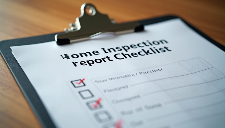 Close-up view of a home inspection report and checklist on a clipboard