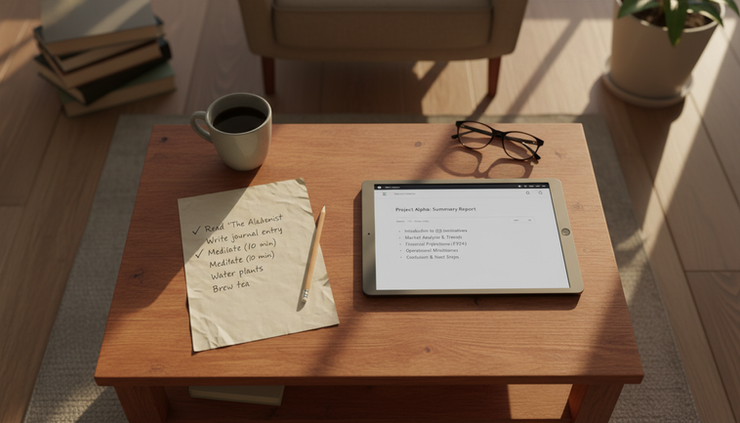 Overhead view of a handwritten checklist next to a tablet displaying a document summary