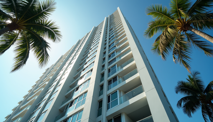Eye-level view of luxury high-rise condominium building in Miami Beach